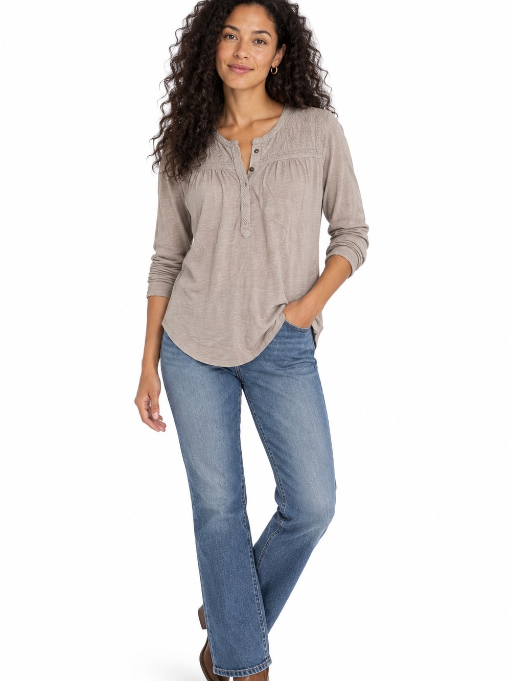 Lucky Brand Gray Embroidered Boho Henley Top Women’s Medium